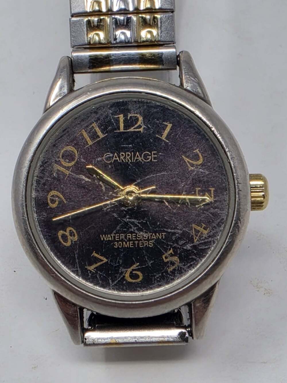 Carriage by Timex Ladies Watch Two Tone Stretch Band Black Dial Needs Battery
